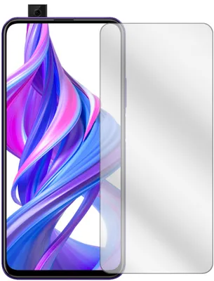 A clear screen protector is shown next to a smartphone with a pop-up camera and a colorful abstract wallpaper.