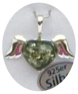 Bernstein-Herz mit Flügeln, Silber, Grün, 1x2,5 cm