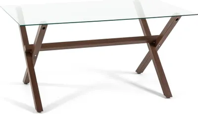 Produktbild von Rechteckiger Tisch 150×90 cm mit gehärteter Glasplatte und gekreuzten Stahlbeinen – modernes, elegantes und lichtdurchflutetes Design für Küche und Esszimmer – AMOS – Dunkelholz