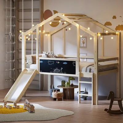 Produktbild von okwish Halbhochbett 90x200 Hochbett ohne Matratze,Bettgestell Hausbett mit Dachboden und Sicherheitsleiter,Massivholzbett mit Sicherheitsrutsche und Graffiti-Tafel,Holzfarbe