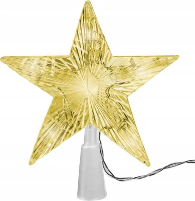 A yellow star-shaped Christmas tree topper with a white base and a black cord.