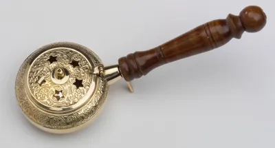 Produktbild von Räucherpfanne, Weihrauchpfanne mit Holzgriff aus Messing Gold Länge 23 cm für Räucherkohle