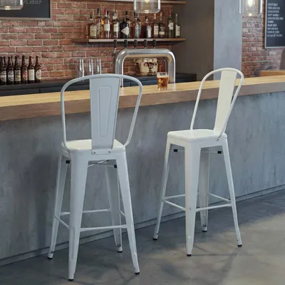 Image de lot de 2 tabourets de bar HWC-A73, chaise de bar tabouret de comptoir avec dossier, métal design industriel ~ blanc