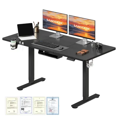 A black standing desk with two monitors, a laptop, keyboard, mouse, and accessories.