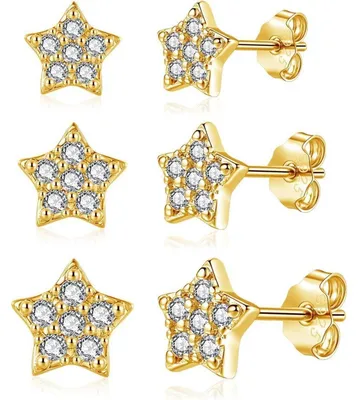 Productafbeelding van Oorbellen set, 3 paar, van 925 sterling zilver, met hart-, rond- en sterrenmotieven, bezet met zirkonia (4/5/6 mm), voor dames en meisjes, cadeauverpakking