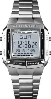 A close-up, front-facing studio shot of a silver digital watch with a metal band, displayed against a white background.