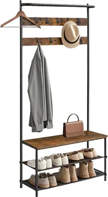 Produktbild von Garderobe mit Schuhbank, Kleiderständer, Vintage Braun/Schwarz – 32,2 x 84 x 180 cm