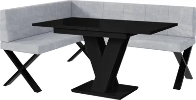 Produktbild von MEBLINI Eckbank für Esszimmer mit ausziehbarem Tisch - Küchenbank - Essecke - Sitzecke Küche - PETER - X-Beine 128x168x87cm Links - Hellgrau Samt/M Schwarz Hochgl.