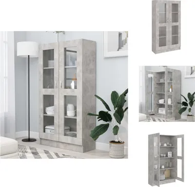A collage of images showing a gray display cabinet from different angles and in a room setting.