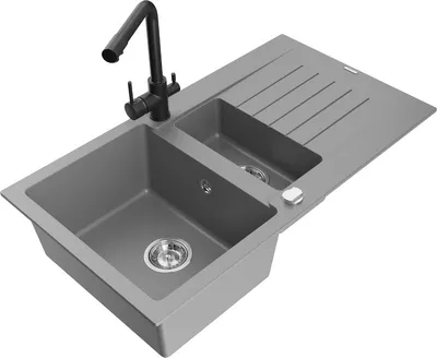 Produktbild von Mexen Matias 1,5-Becken-Granitspüle mit Abtropffläche und Mischbatterie Duero, Grau - 6502-71-671600-70