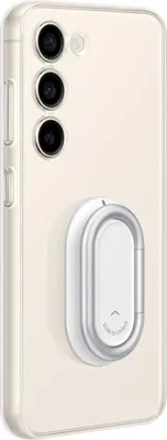 A transparent phone case with a silver and white ring holder/stand attached to the back of a smartphone.