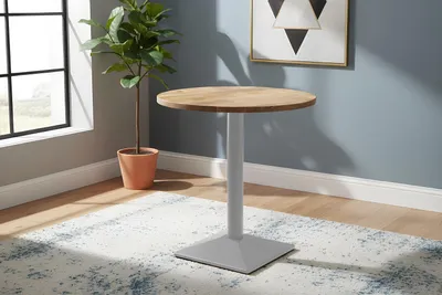 Produktbild von Bistrotisch rund 70 x 70 cm Mangoholz massiv Säulengestell-eckig silber EMILIO