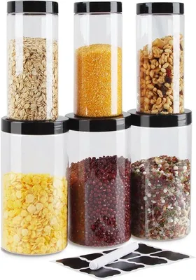 Zdjęcie produktu dla Zestaw 6 pojemników do przechowywania Unyqoos® – szczelne pojemniki do przechowywania wykonane z przezroczystego, wolnego od BPA plastiku, 3 sztuki o pojemności 1000 ml (91×179 mm) + 3 sztuki o pojemności 500 ml (69×156 mm), czarne pokrywki