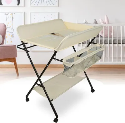 Image de Table à langer pliable - Commode pour bébé - Pour le soin du bébé - Réglable en hauteur - Avec des compartiments de rangement - Beige