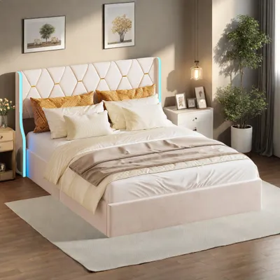 Obrázok produktu pre Postel s čalúnením – dvojlôžková posteľ – posteľ s LED osvetlením – posteľ s úložným priestorom – posteľ – 160x200 cm