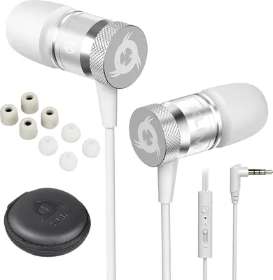 A pair of white and silver in-ear headphones with accessories and a charging case are displayed against a white background.