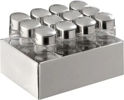 Produktbild von APS 40505 Allzweckstreuer, 12er-Set, je Ø 3 cm, Höhe 9 cm, Behälter aus Glas, Edelstahl-Deckel, je 3 Löcher
