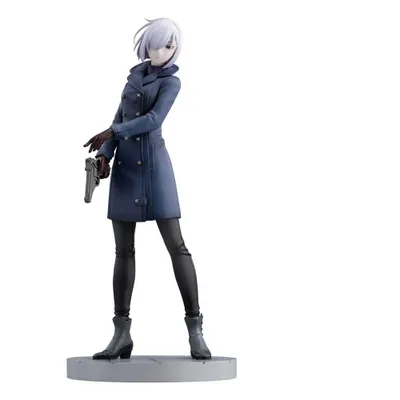 A figurine of a female character in a blue coat and black pants, holding a gun.
