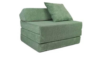 A green corduroy folding mattress with a headrest and a pillow, shown from a side angle on a white background.