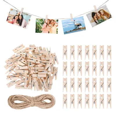 150 Mini-Holzklammern 3,5 cm + 10 m Juteschnur für Fotos