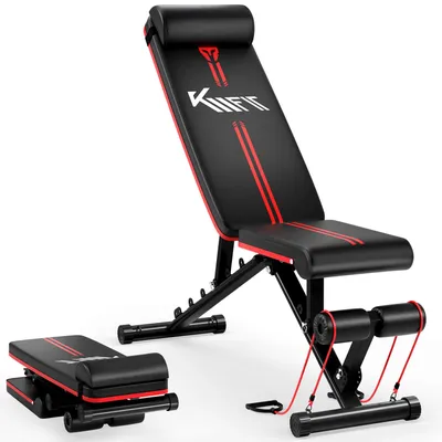 A black and red adjustable weight bench with a separate footrest accessory, shown on a white background.
