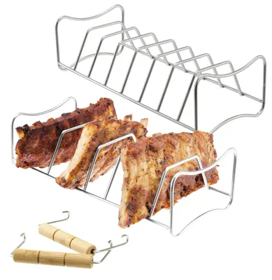 Imagen del producto de Juego de 2 soportes 2 en 1 para costillas y asados de Bremermann, soportes para costillas con asas de transporte, de acero inoxidable