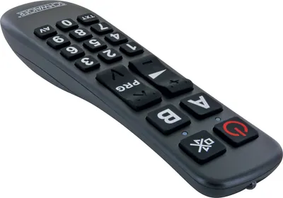 A close-up, angled shot of a gray universal remote control with black buttons on a white background.