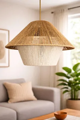 Produktbild von Opviq, Boho-Chic Hängeleuchte, Ø40 cm, Höhenverstellbar 30-62 cm, Kunststoffkörper, Makramee-Kappe, E27 Fassung, Max 40 W, IP20, Rustikales Design für stilvolle Räume.