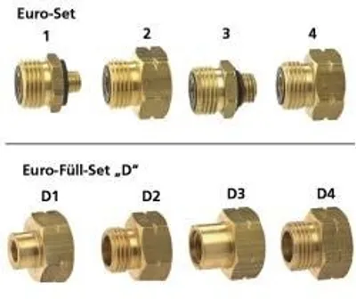 A collection of brass fittings for gas connections, labeled with numbers and letters.
