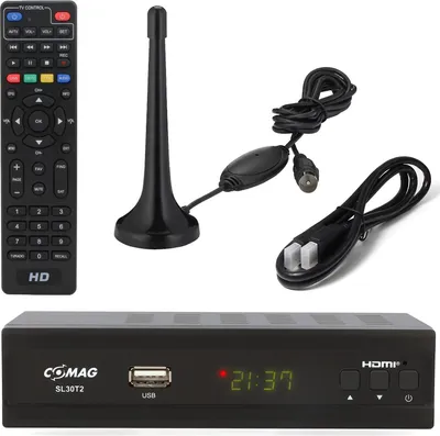 Produktbild von Comag SL30 DVB-T2 Receiver + aktive Zimmerantenne + HDMI Kabel, HDTV für frei Empfangbare DVB-T2 Sender mit USB TV Aufnahme (PVR Ready)