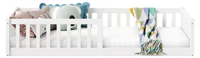 Produktbild von Bodenbett GUSTAVO mit Rausfallschutz Kiefer Massiv - weiß 90 x 200 cm Bodenbett mit Rausfallschutz Montessori-Kinderbett