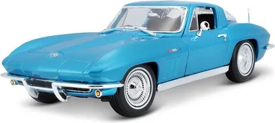 A blue 1965 Chevrolet Corvette model car is shown from a three-quarter front angle on a white background.