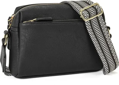 Produktbild von MODFU Umhängetasche Damen Kleine, Crossbody Bag Damen Leder mit Breitem Gurt Moderne Kleine Umhängetasche mit Kartenschlitz Abnehmbar Schultergurt Schwarz