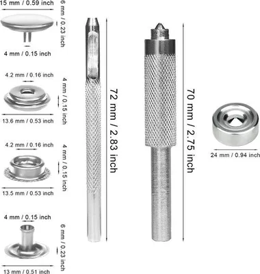 Obrázok produktu pre Sada kovových patentiek 15 mm, strieborná, na odevy a kožu