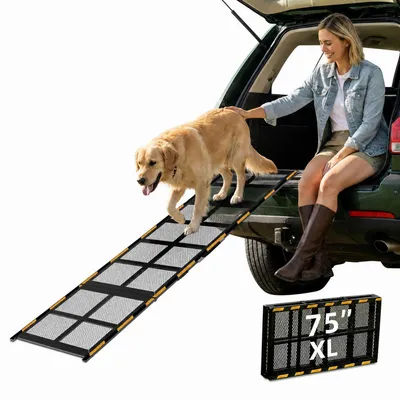 Immagine prodotto di Rampa pieghevole per cani, particolarmente lunga, adatta fino a 90 kg, antiscivolo, con catarifrangenti