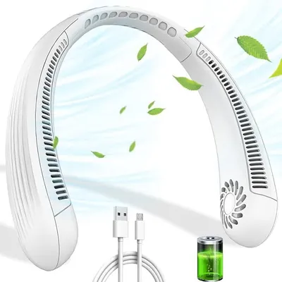 A white neck fan with a USB charging cable and a battery icon shown with green leaves and blue wavy lines representing airflow.