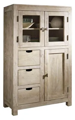 Produktbild von MASSIVMOEBEL24.DE Vitrine Akazie 90x45x148 white stone getüncht NATURE WHITE #62