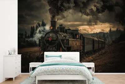 Produktbild von MuchoWow® Fototapete für Wohnzimmer oder Schlafzimmer Wandtapete Vinyl Motivtapete Alte Dampfeisenbahnfahrten an einem Abend - 600x400 cm - Vinyltapeten