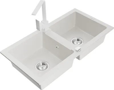 Immagine prodotto di Mexen Mario lavello da cucina in granito a 2 vasche con rubinetto da cucina Rita, bianco - 6504-20-670300-20