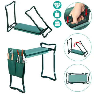 Produktbild von UISEBRT Kniebank Gartenarbeit Knie Stuhl Gartenhocker klappbar Gartenbank Garten Arbeitshocker Sitzbank Gartensitz Bis 150 kg Mit Werkzeugtasche Eva Schaumkissen Stahlrohr Grün