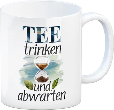 Produktbild von Sanduhr mit Teeblättern Kaffeebecher Tee trinken und abwarten
