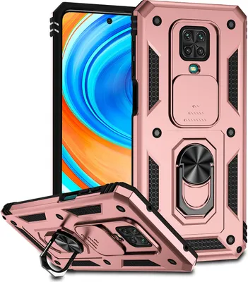 Image de Étui pour Xiaomi Redmi Note 9S/9 Pro/9 Pro Max étui double couche avec couvercle coulissant pour l'appareil photo et anneau de support Rose