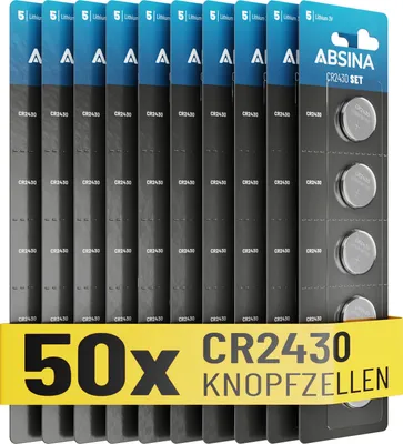 Produktbild von ABSINA CR2430 Knopfzelle 50er Pack - CR 2430 3V Knopfzellen auslaufsicher & lange Haltbarkeit - Knopfbatterie CR2430