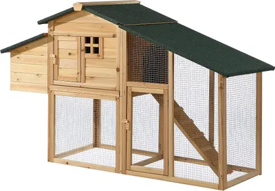 Produktbild von Hühnerstall aus Holz mit Freilaufgehege - für 4 Hühner - 173 x 64 x 108 cm - Holzfarben - LEVAS
