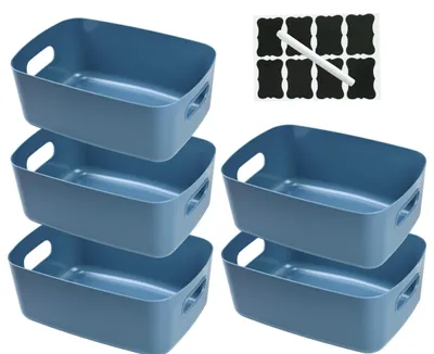 Produktbild von Set aus 5 Kunststoff-Aufbewahrungsboxen mit Griffen, blau, 30x20x12 cm