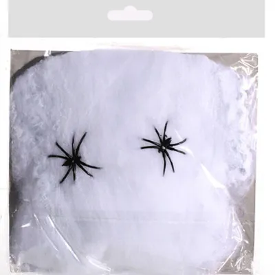 Produktbild von Spinnennetz weiß mit 2 schwarzen Spinnen Polyester Halloween 20gr