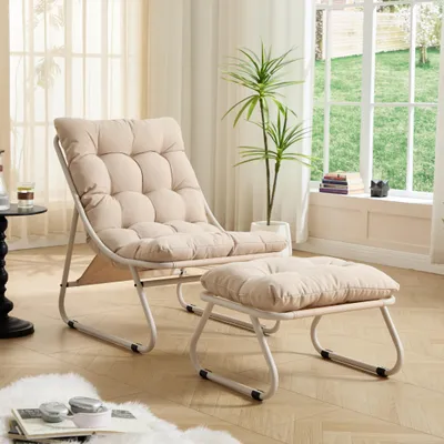Produktbild von Lounge Sessel mit Hocker Polsterstuhl Relaxsessel für Indoor Outdoor in Beige