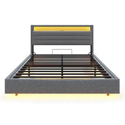Produktbild von Flieks Polsterbett 140x200cm mit LED & USB, Doppelbett Stauraumbett mit Aufklappbarem Kopfteil, Hydraulisches Bett Boxspringbett, Leinen, Grau
