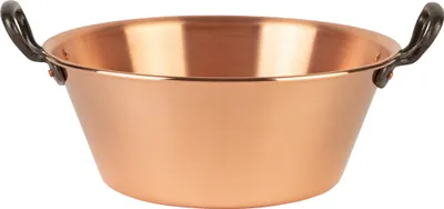 A copper pot with black handles against a white background.