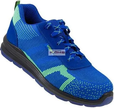 A single blue safety shoe with green accents is shown against a white background.